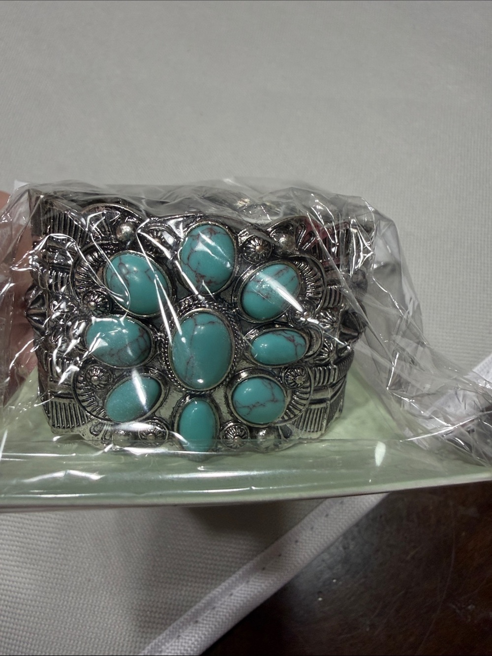 Turquoise Stone Silver-Tone Cluster Cuff Bracelet - Women Accessories